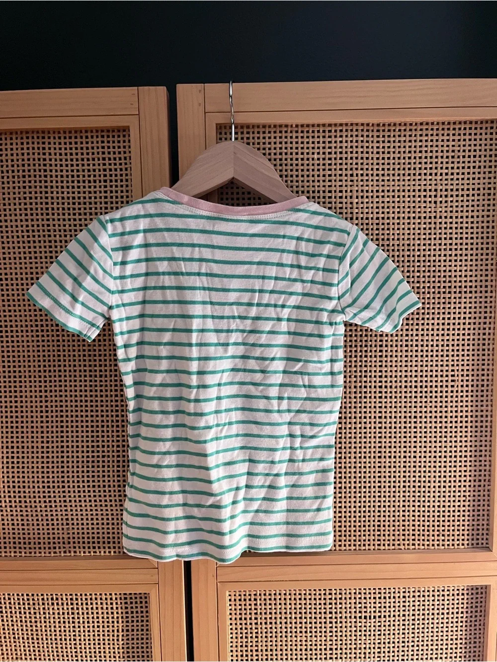 Mini Boden 4Y Green Stripe Tee with Pink Neckline